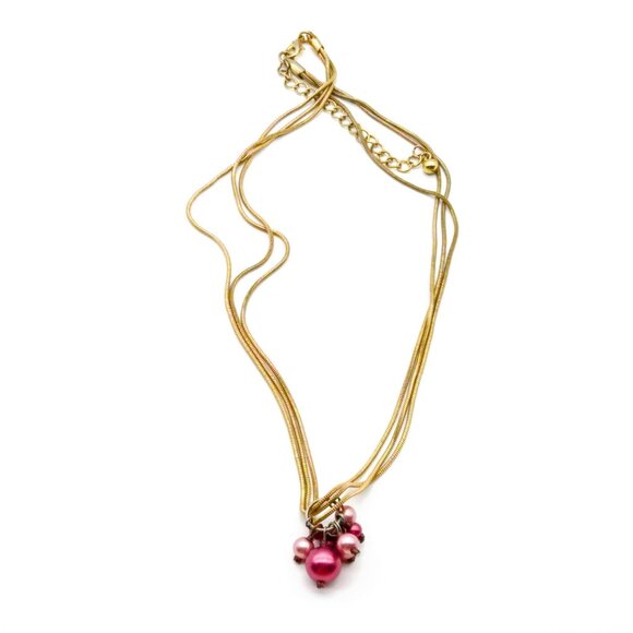 Shades of Pink Charms Necklace, Vintage Gold Tone Snake Chain with Faux Pearl Pe - Picture 2 of 4